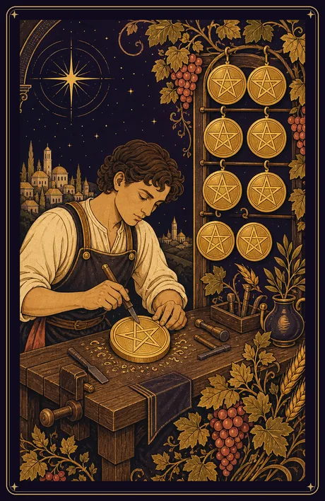 Восьмёрка Пентаклей — карта Таро